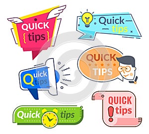 Quick tip labels. Tips and tricks suggestion, quickly help advice. Helpful service vector banners photo