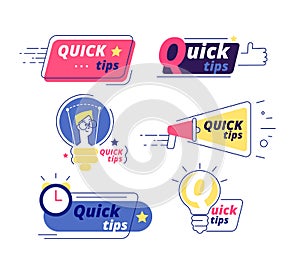 Quick tip. Tricks quick tips solution logos helpful advice text shapes isolated vector labels