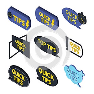 Quick tips. Abstract shapes, speech bubbles, exclamation mark with text. Helpful tricks, tooltip. Abstract isometric banner with