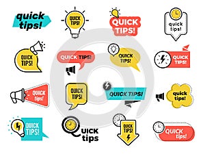 Quick tips badges. Graphic stickers ideas reminders quickly thinks solutions learning logos vector collection