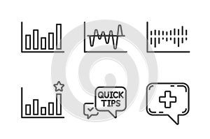 Quick tips, Efficacy and Column diagram icons set. Stock analysis, Column chart and Medical chat signs. Vector