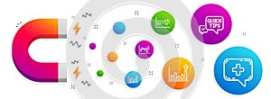 Quick tips, Efficacy and Column diagram icons set. Stock analysis, Column chart and Medical chat signs. Vector