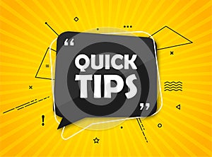 Quick tips, helpful tricks banner. Vector icon of solution. Black speech bubble with text on yellow radial striped