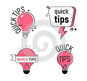 Quick Tips, Helpful Tricks Banners Set Isolated on White Background. Icons of Solution. Pink Light Bulbs and Speech