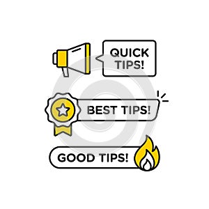 Quick tips, helpful tricks vector logo icon or symbol set with black and yellow color and lightbulb element suitable for web.