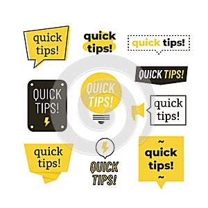 Quick tips, helpful tricks vector logos, emblems and banners vector set isolated