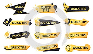 Quick tips icon or symbol set with black and yellow color. Lightbulb and megaphone elements suitable for web. Vector