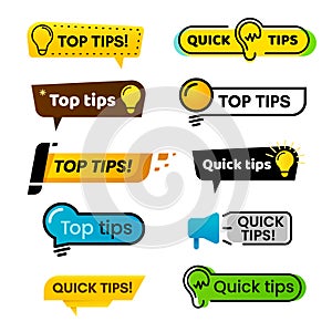 Quick tips. Idea suggestion, tricks solutions advice and best solution tip isolated vector banner sign photo