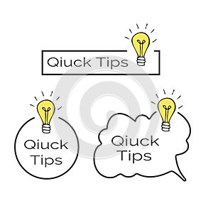 Quick tips information button set. Textured message icons with doodle lightbulb.