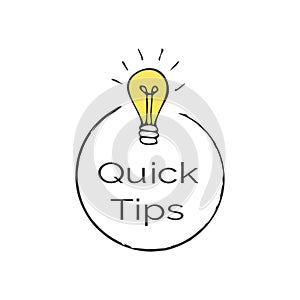 Quick tips information button. Textured message round icon with hand drawn lightbulb