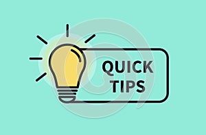 Quick tips. Light bulb icon on yellow background. Energy and thinking symbol. Vector banner template