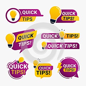 Quick tips logo badge with yellow lightbulb icon vector illustration