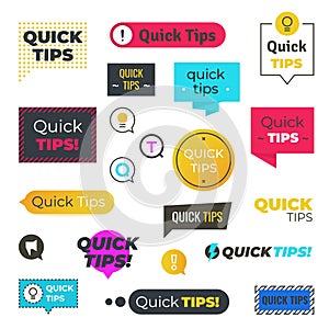 Quick tips logos and banners. Helpful tricks shapes, advices and suggestions emblems. Vector information label guide for