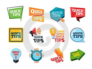 Quick tips. Promo labels idea reminder stickers education messages think marks creative colored idea logos garish vector