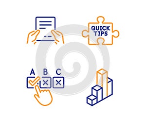 Quick tips, Receive file and Correct checkbox icons set. 3d chart sign. Tutorials, Hold document, Answer. Vector