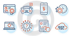 Quick tips, Seo laptop and Seo certificate icons set. Question mark, Smartphone payment and Parking signs. Vector