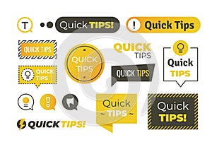 Quick tips shapes. Helpful tricks logos and banners, advices and suggestions emblems. Vector quick helpful tips