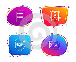 Quick tips, Speakers and Document icons set. Messenger mail sign. Helpful tricks, Sound, Information file. Vector