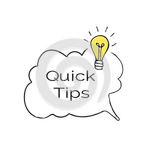 Quick tips speech bubble. Textured message icon with hand drawn lightbulb
