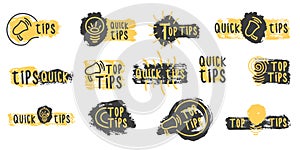 Quick tips, tricks doodle logos, emblems, banners.