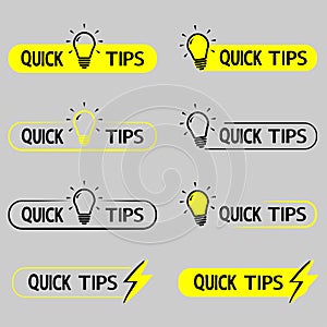 Quick tips. Yellow lightbulb icon with quicks tip text. Helpful idea, solution and trick illustration. Logo quick tips