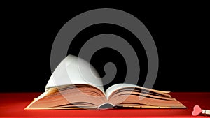 Quickly flipping pages of a thick book on a red black background