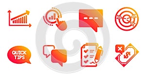 Quickstart guide, Blog and Chart icons set. Graph chart, Speech bubble and Targeting signs. Vector