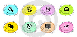 Quickstart guide, Blog and Chart icons set. Graph chart, Speech bubble and Targeting signs. Vector