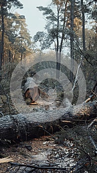 The quiet aftermath of turmoil in a forest, with sunlight piercing through the canopy onto the fallen timber.