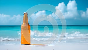 A quiet beach with one bottle sticking out of the surf