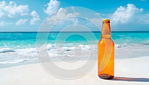 A quiet beach with one bottle sticking out of the surf