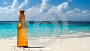 A quiet beach with one bottle sticking out of the surf