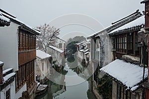 Quiet China ancient water town village snow, in zhouzhuang, suzhou