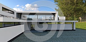 Quiet cloudy day. An advanced house with long windows and white walls. View of the entrance to the building. 3d render.