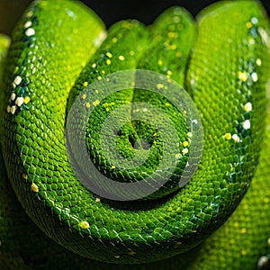 Vibrant Green Tree Python Coiled in Darkness