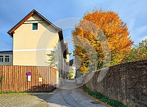 Quiet deserted street in a residential area on a sunny autumn day. Bad Aussee, Styria, Austria