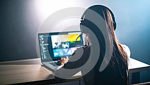 Content Creator Editing Video on Laptop at Night