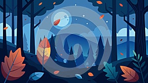A quiet forest scene with only the sound of rustling leaves and hushed voices in the moonlit darkness.. Vector