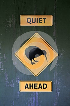 Quiet Kiwi Ahead sign n Auckland region New Zealand.