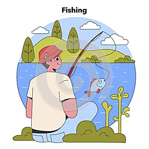 Quiet Lakeside Fishing. Flat vector illustration