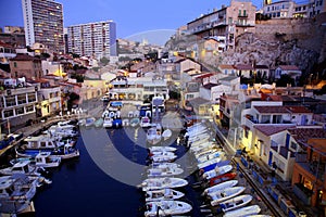 Quiet late sunset over the Vallon des Auffes marina, Parc National des Calanques, Marseille, France