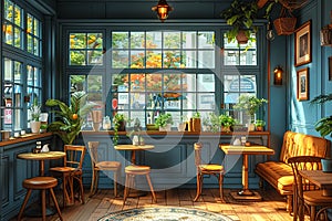 Quiet morning in a cafe illustrated with a cozy inviting style