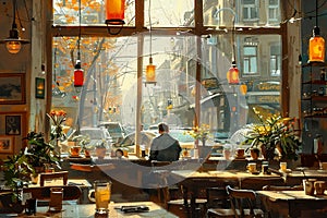 Quiet morning in a cafe illustrated with a cozy inviting style