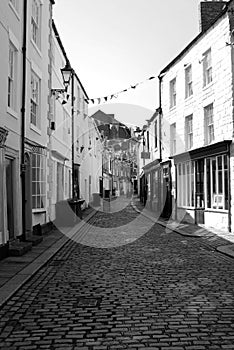 Quiet old town cobbled street in Hexham