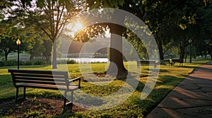 A quiet park with benches strategically p to offer the perfect view of the sun setting behind a line of trees photo