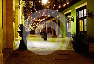 A quiet pedestrian only street at night in the New Orleans French Quarter