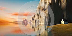 Quiet place with red clouds in the dawn sky