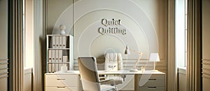 QUIET QUITTING 3D render of a serene office space with a desk neatly organized an empty chair and a soft-lit lamp. On the desk a