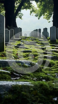 Quiet repose Cemetery adorned with rows of solemn grave stones