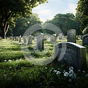 Quiet repose Cemetery adorned with rows of solemn grave stones